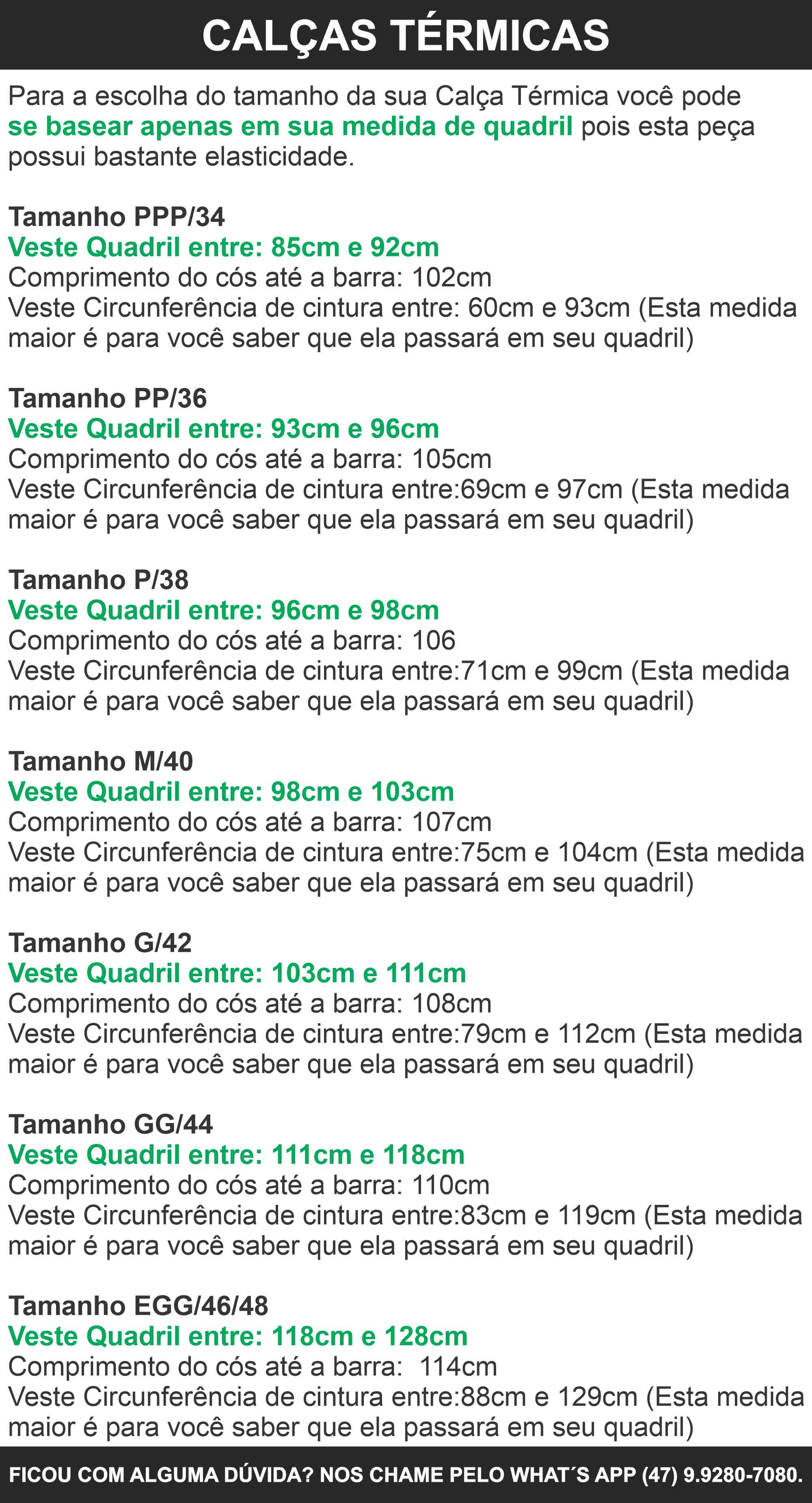 Guia de Medidas - Calças Térmicas